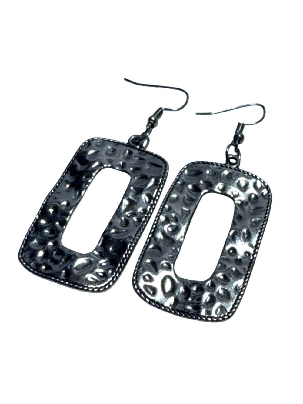 Hammered Silver-Tone Rectangle Dangle Earrings  Lightweight